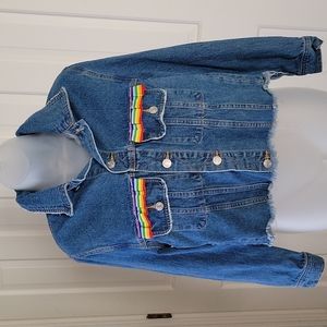 Sunset+Spring cropped denim jacket rainbow frilled design size Small